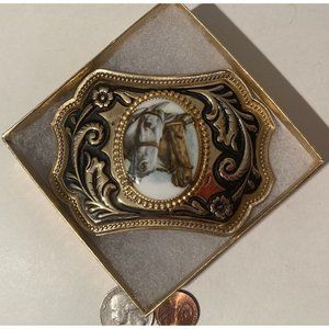 Vintage Metal Belt Buckle, Two Horses, Nice Stone, Nice Design, 3 3/4" x 2 1/2",